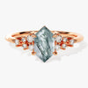 Long Hexagon Moss Agate Engagement Ring with Moissanite Cluster