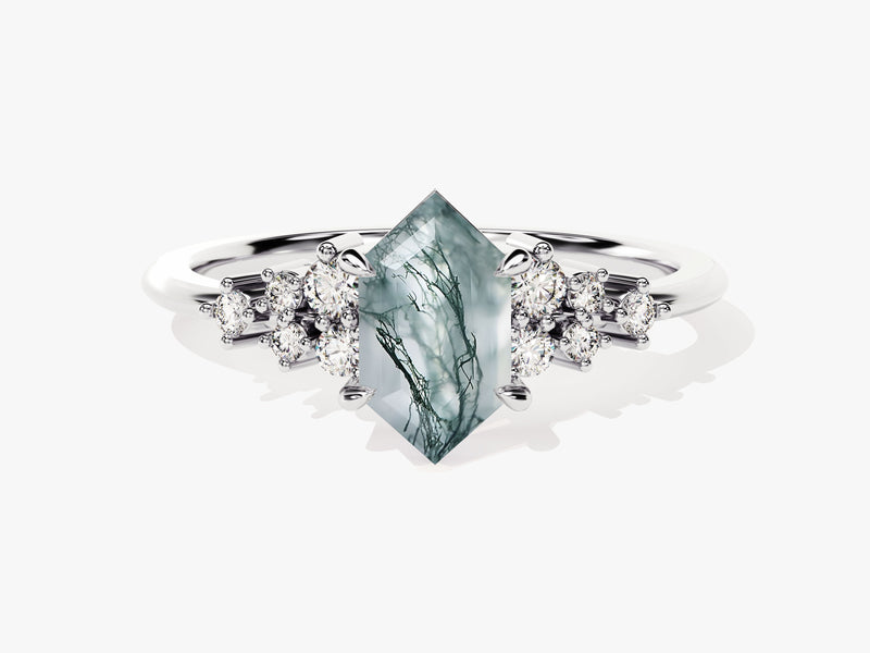 Long Hexagon Moss Agate Engagement Ring with Moissanite Cluster