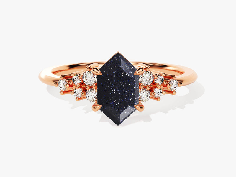 Long Hexagon Blue Sandstone Engagement Ring with Moissanite Cluster.