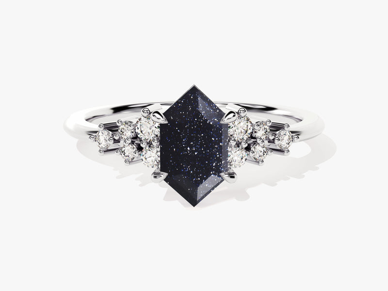 Long Hexagon Blue Sandstone Engagement Ring with Moissanite Cluster.