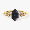 Long Hexagon Blue Sandstone Engagement Ring with Moissanite Cluster.