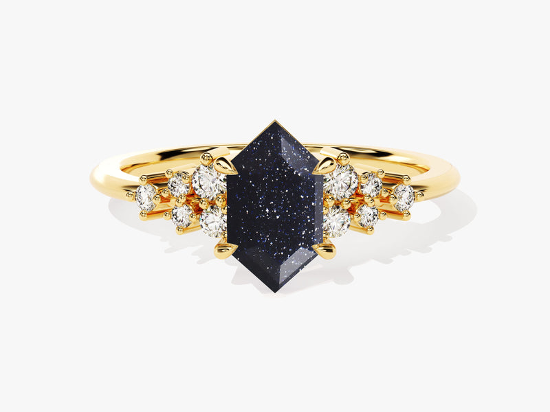 Long Hexagon Blue Sandstone Engagement Ring with Moissanite Cluster.