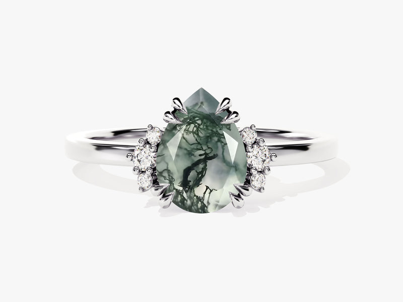 Pear Moss Agate Engagement Ring with Round Moissanite Sidestones