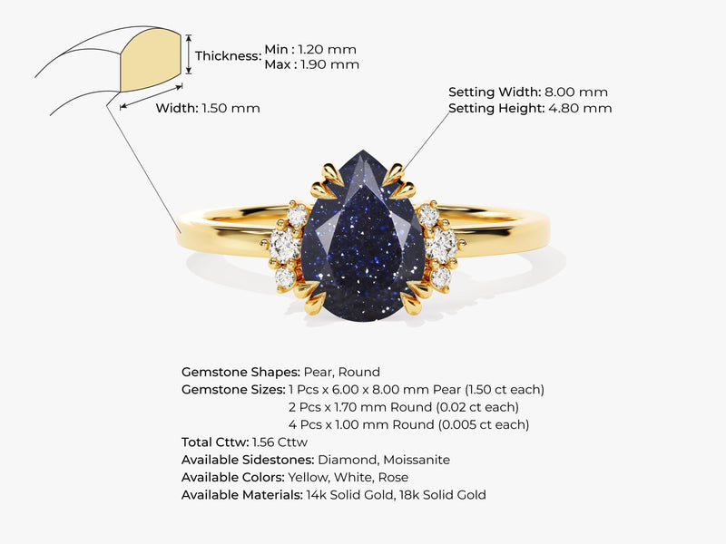 Pear Blue Sandstone Engagement Ring with Round Moissanite Sidestones.