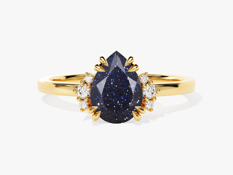 Pear Blue Sandstone Engagement Ring with Round Moissanite Sidestones.