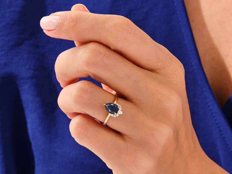 Pear Blue Sandstone Vintage Engagement Ring with Moissanite.