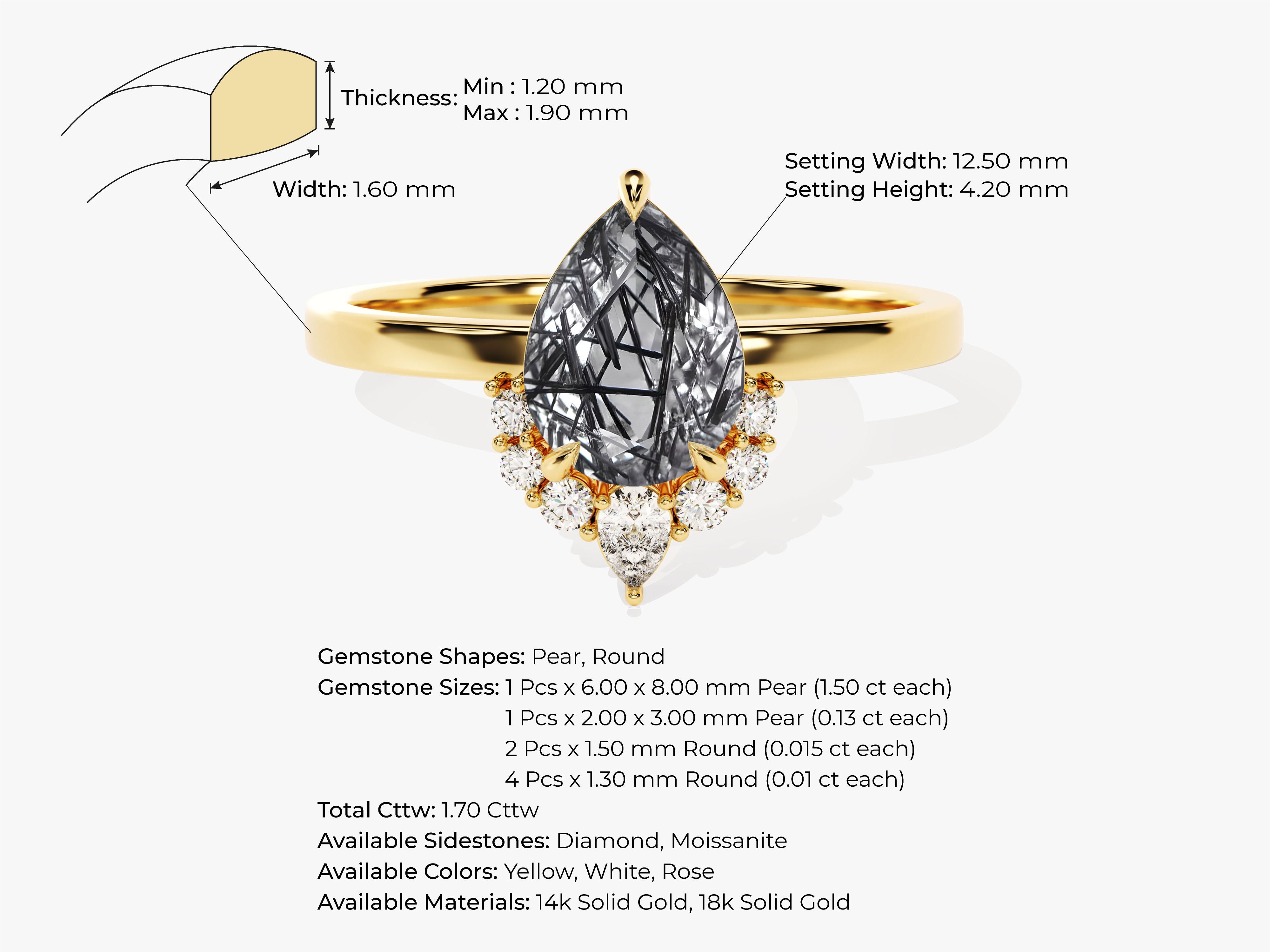 Pear Black Rutilated Quartz Vintage Engagement Ring with Moissanite.