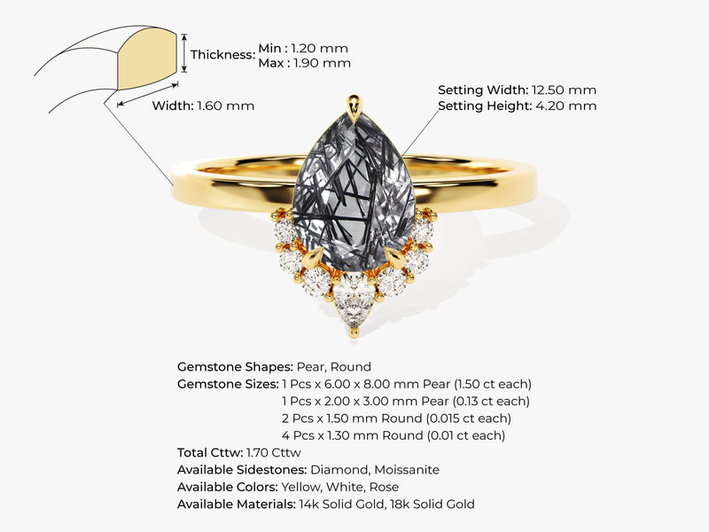 Pear Black Rutilated Quartz Vintage Engagement Ring with Moissanite.