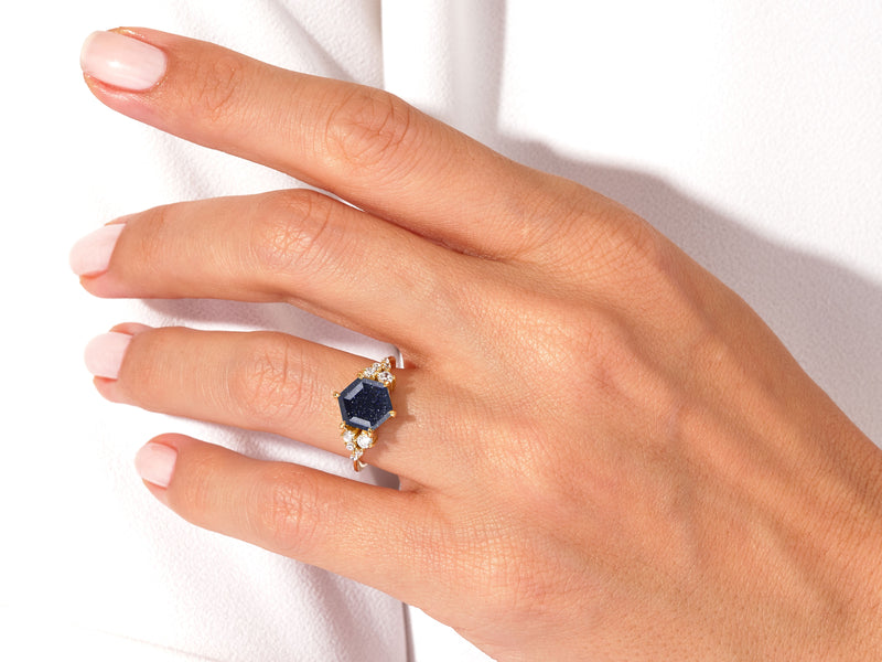 Hexagon Blue Sandstone Engagement Ring with Moissanite Cluster.