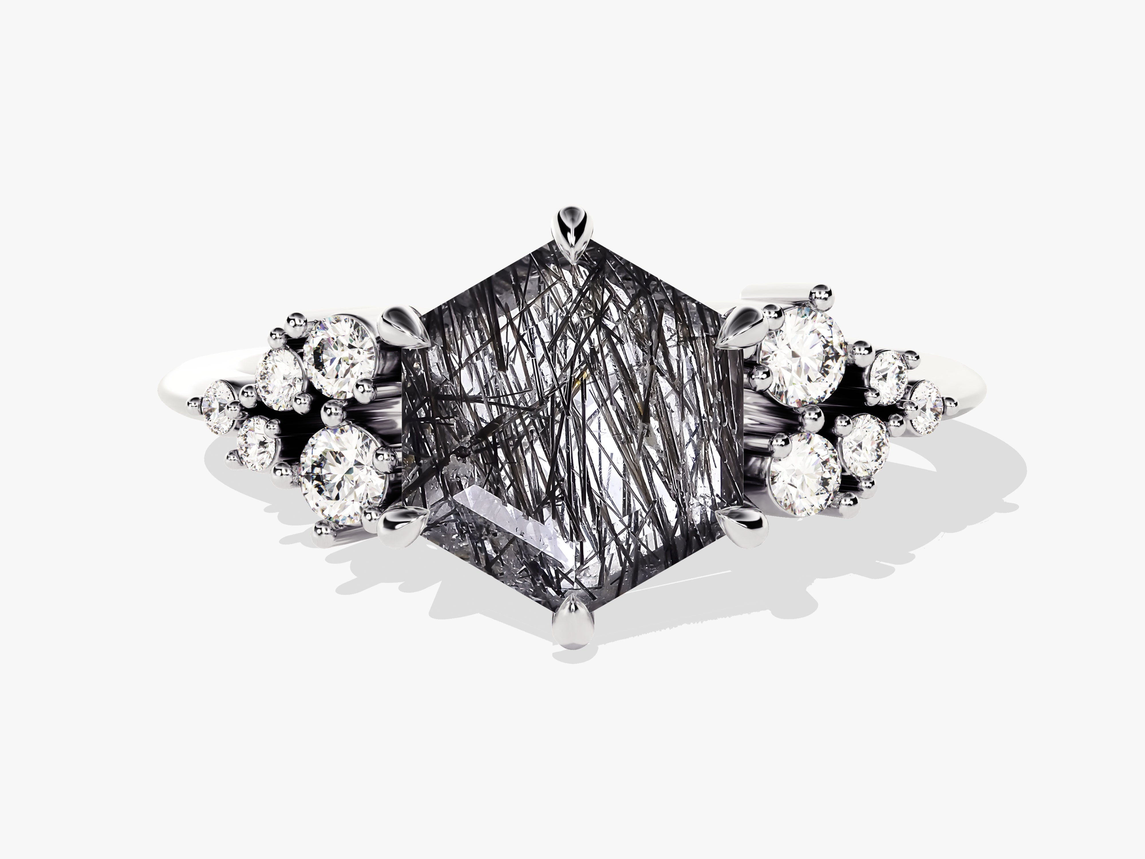 Hexagon Black Rutilated Quartz Engagement Ring with Moissanite Cluster