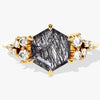 Hexagon Black Rutilated Quartz Engagement Ring with Moissanite Cluster