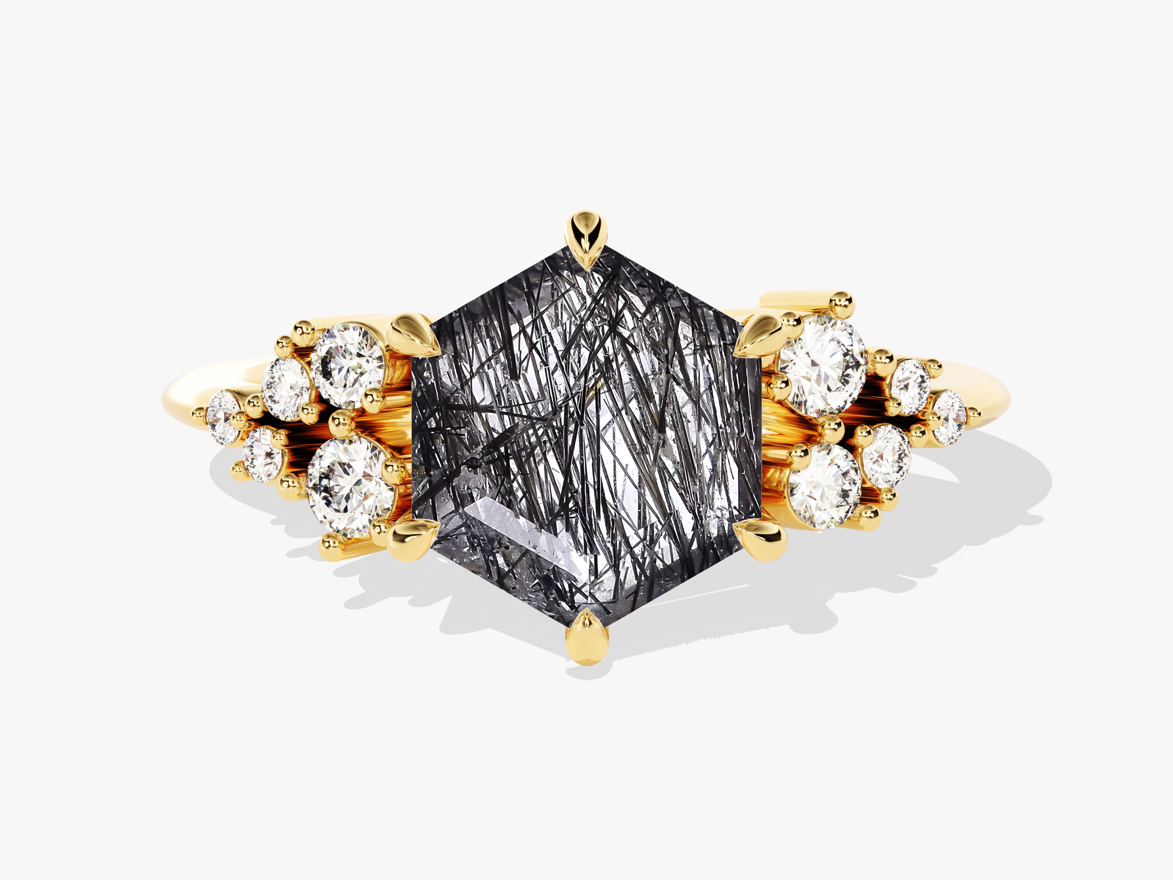 Hexagon Black Rutilated Quartz Engagement Ring with Moissanite Cluster