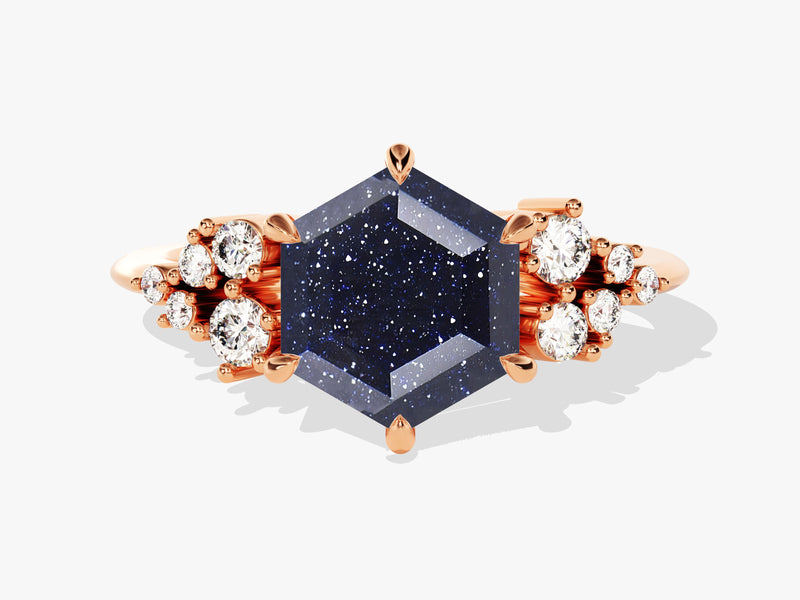 Hexagon Blue Sandstone Engagement Ring with Moissanite Cluster.
