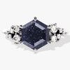 Hexagon Blue Sandstone Engagement Ring with Moissanite Cluster.