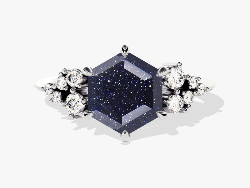 Hexagon Blue Sandstone Engagement Ring with Moissanite Cluster.