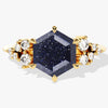 Hexagon Blue Sandstone Engagement Ring with Moissanite Cluster.