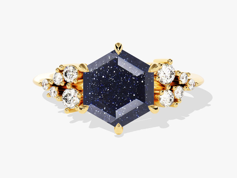 Hexagon Blue Sandstone Engagement Ring with Moissanite Cluster.