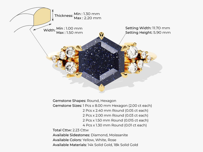 Hexagon Blue Sandstone Engagement Ring with Moissanite Cluster.