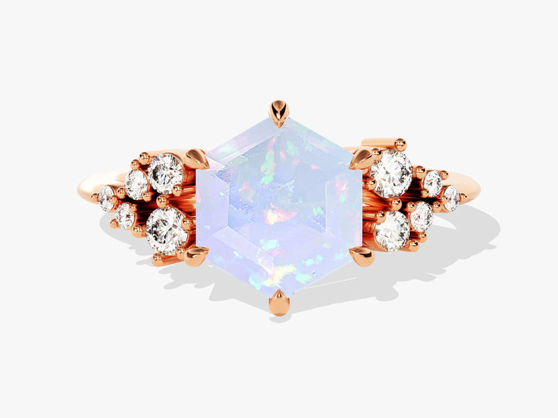 Hexagon Opal Engagement Ring with Moissanite Cluster