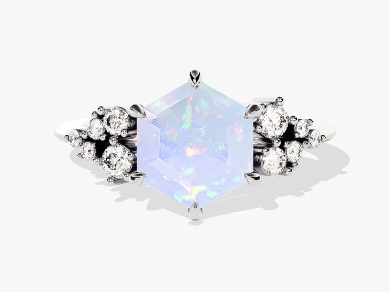 Hexagon Opal Engagement Ring with Moissanite Cluster
