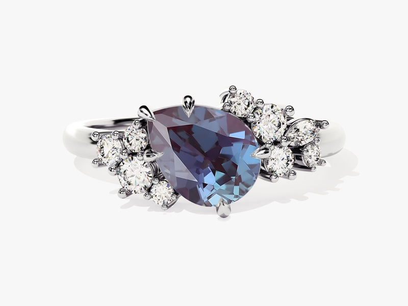 Pear Lab Alexandrite Engagement Ring with Round Moissanite Cluster