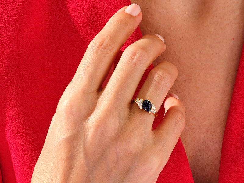 Pear Blue Sandstone Engagement Ring with Round Moissanite Cluster.