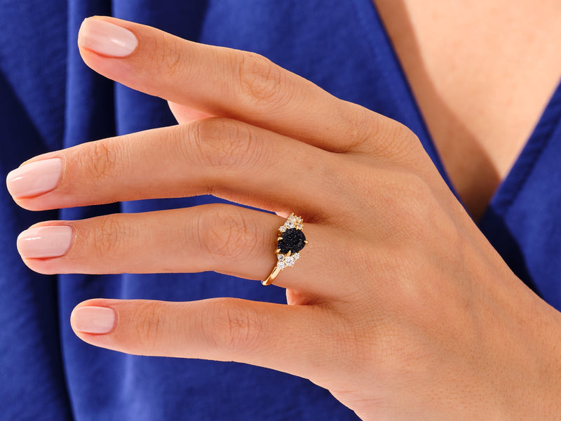 Pear Blue Sandstone Engagement Ring with Round Moissanite Cluster.