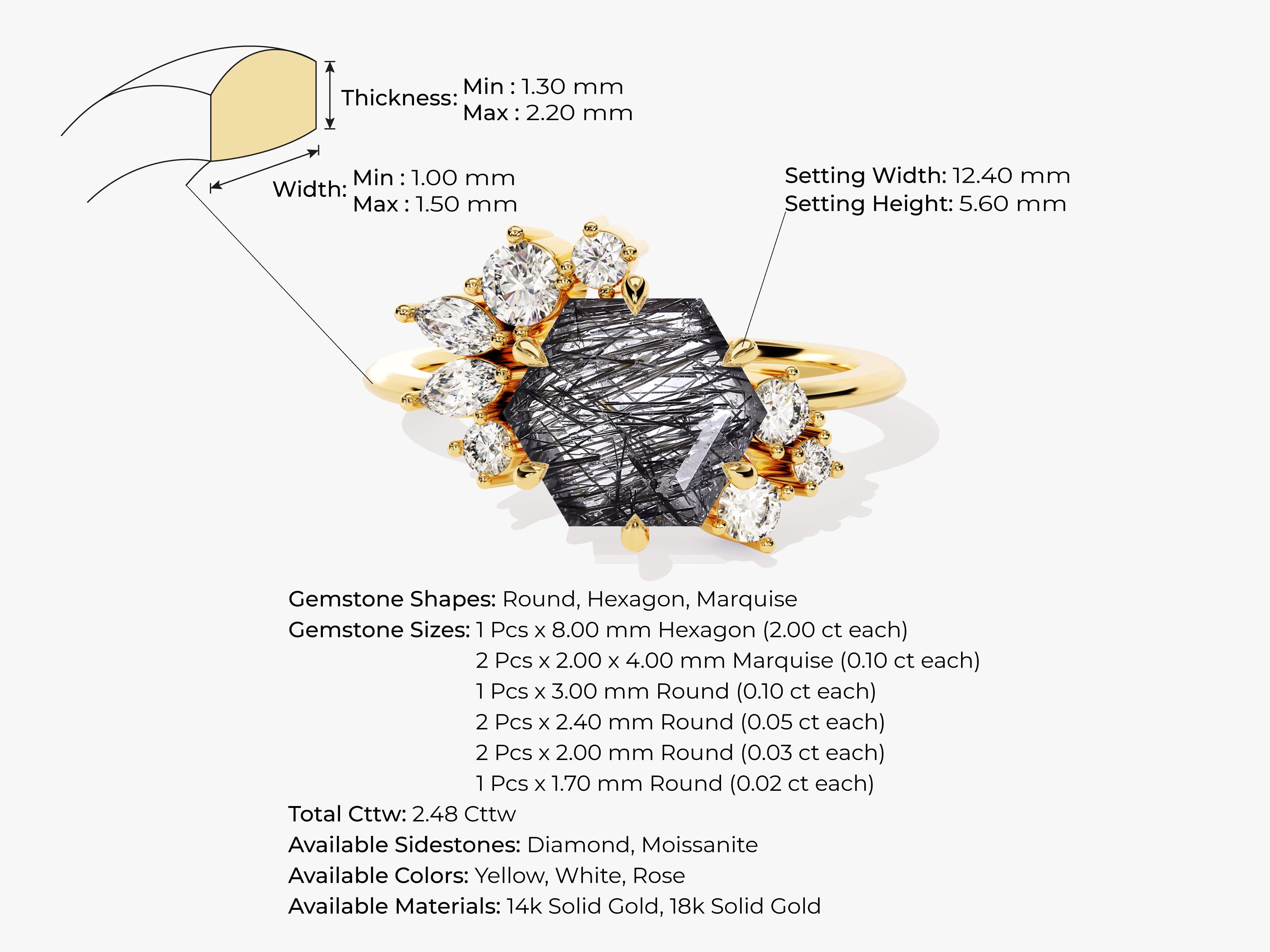 Hexagon Black Rutilated Quartz Vintage Engagement Ring with Moissanite Cluster.