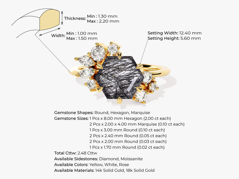 Hexagon Black Rutilated Quartz Vintage Engagement Ring with Moissanite Cluster.