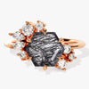 Hexagon Black Rutilated Quartz Vintage Engagement Ring with Moissanite Cluster.