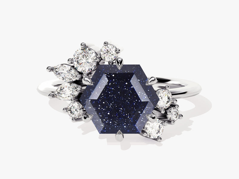 Hexagon Blue Sandstone Vintage Engagement Ring with Moissanite Cluster.