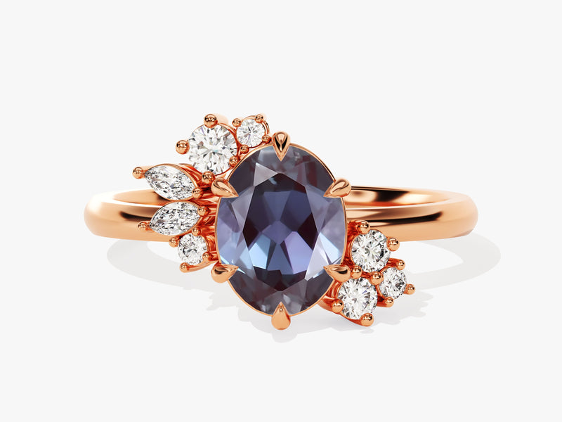 Oval Lab Alexandrite Engagement Ring with Round Moissanite Cluster