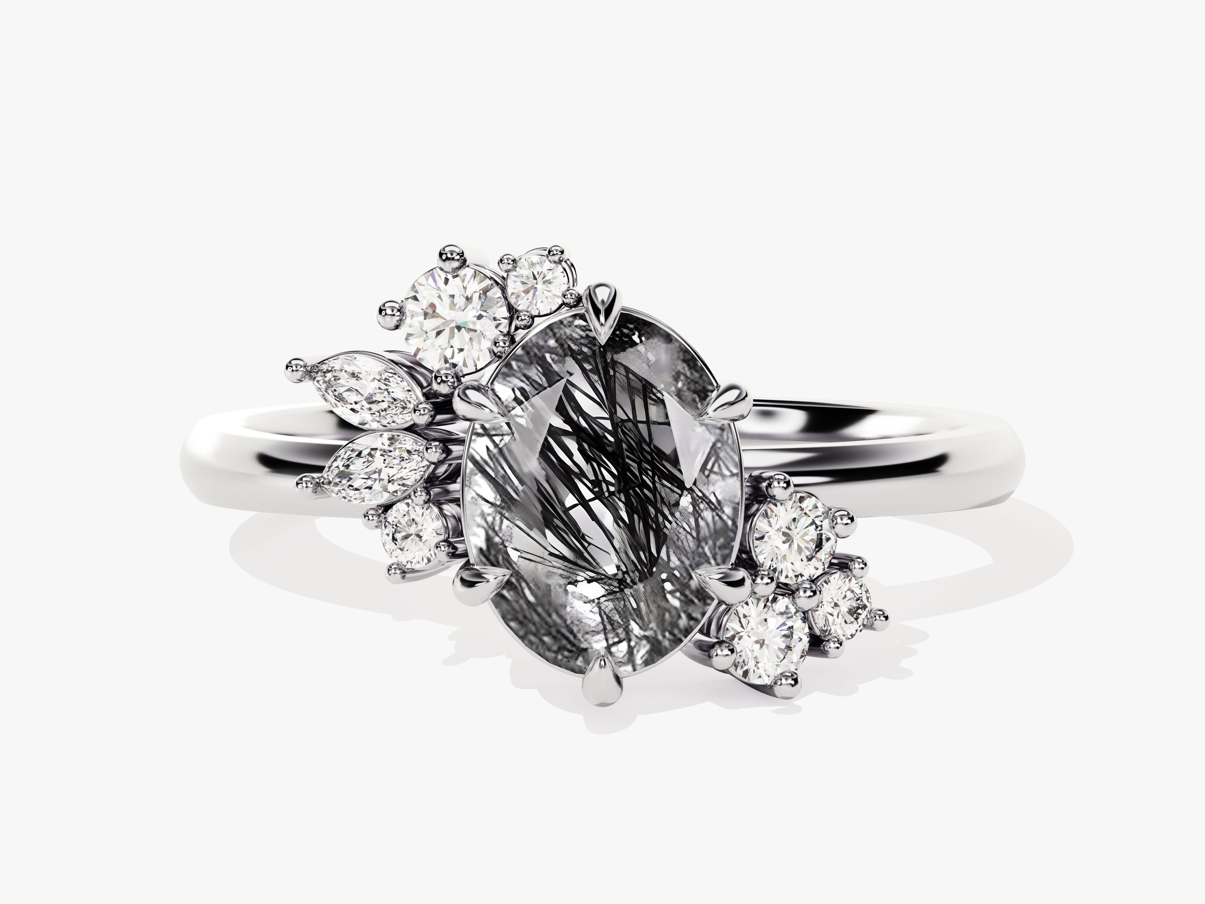 Oval Black Rutilated Quartz Engagement Ring with Round Moissanite Cluster.