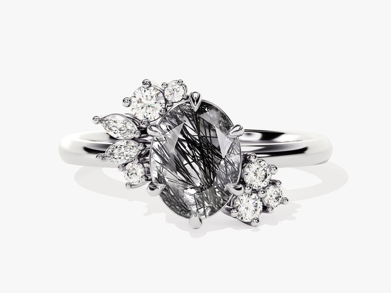 Oval Black Rutilated Quartz Engagement Ring with Round Moissanite Cluster.