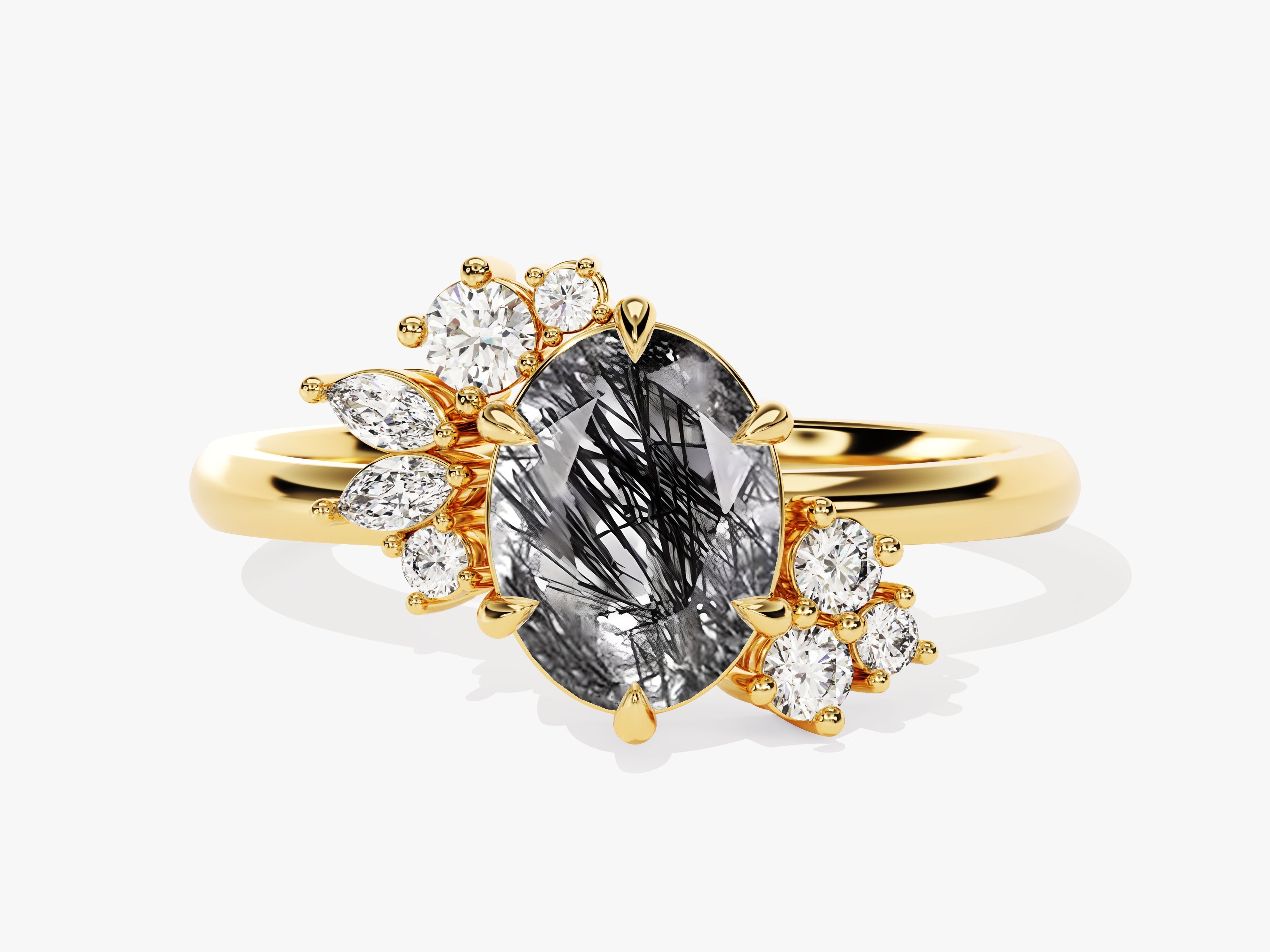 Oval Black Rutilated Quartz Engagement Ring with Round Moissanite Cluster.