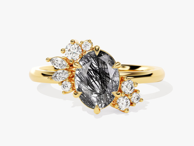 Oval Black Rutilated Quartz Engagement Ring with Round Moissanite Cluster.