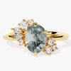 Oval Moss Agate Engagement Ring with Round Moissanite Cluster