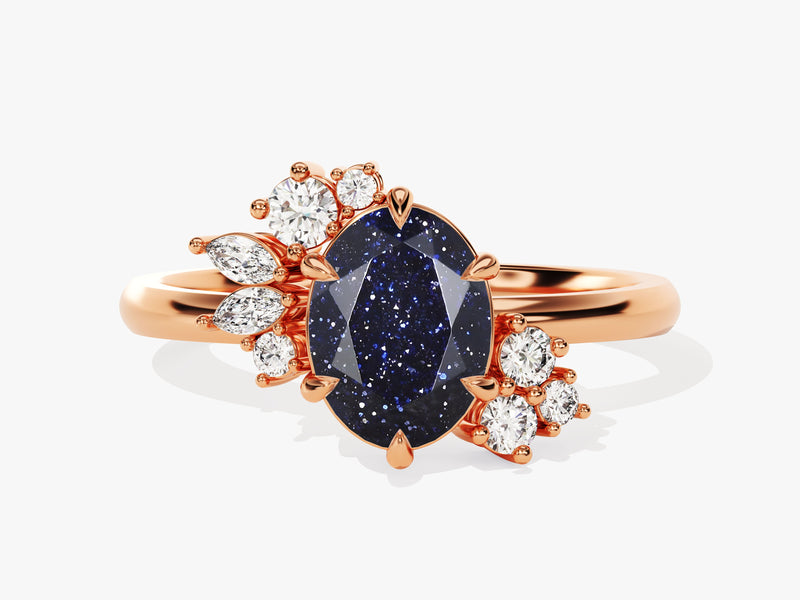 Oval Blue Sandstone Engagement Ring with Round Moissanite Cluster.