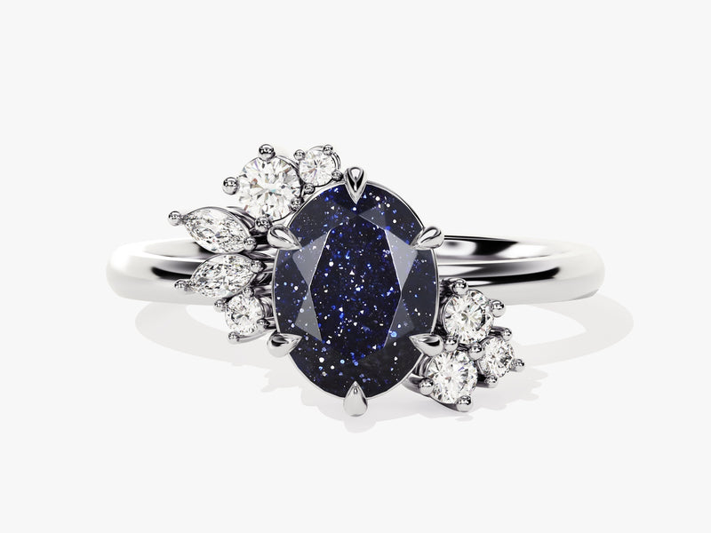 Oval Blue Sandstone Engagement Ring with Round Moissanite Cluster.