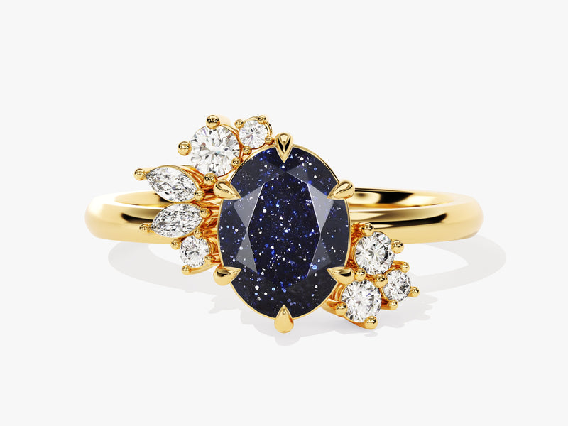 Oval Blue Sandstone Engagement Ring with Round Moissanite Cluster.