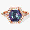 Halo Hexagon Lab Alexandrite Engagement Ring with Pave Set Moissanite Sidestones