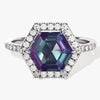 Halo Hexagon Lab Alexandrite Engagement Ring with Pave Set Moissanite Sidestones