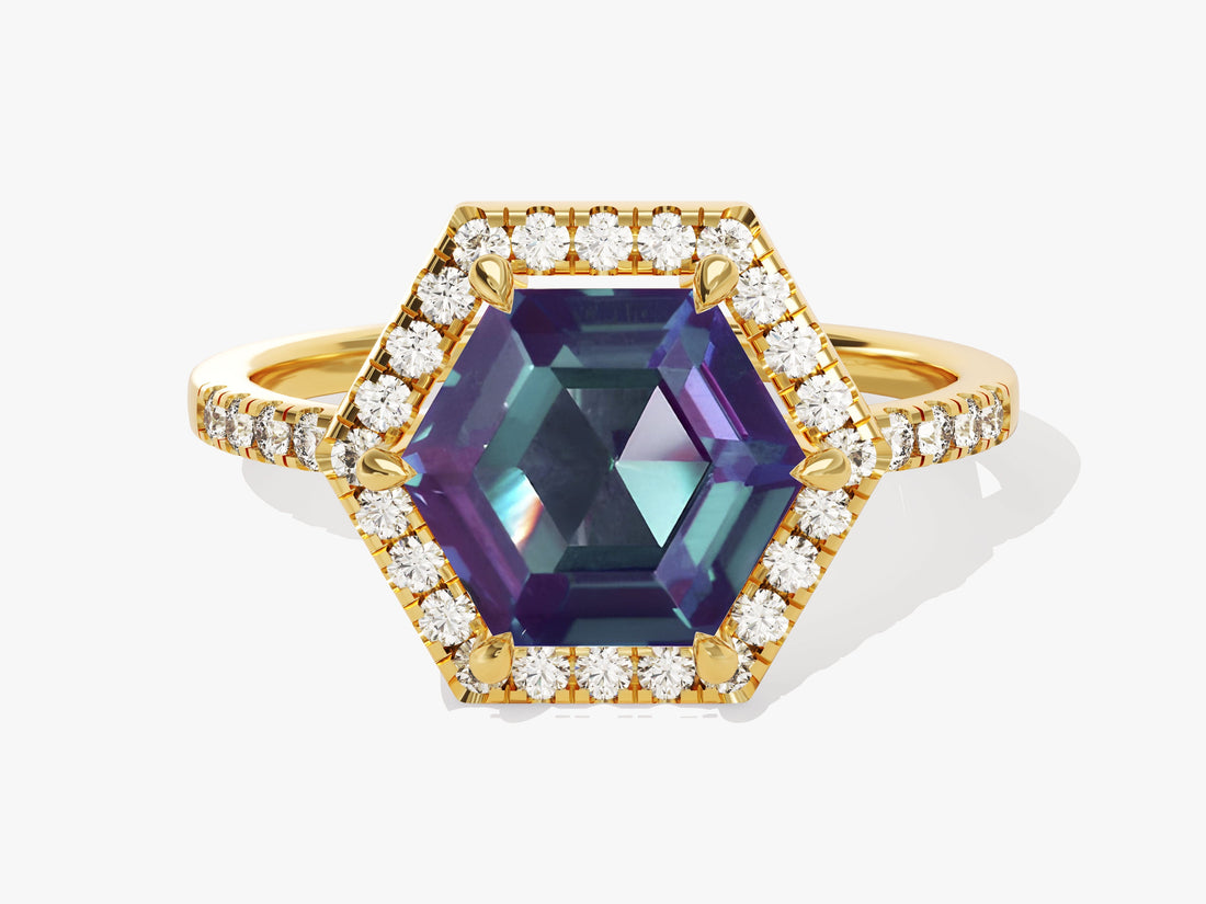 Halo Hexagon Lab Alexandrite Engagement Ring with Pave Set Moissanite Sidestones