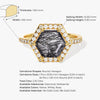 Halo Hexagon Black Rutilated Quartz Engagement Ring with Pave Set Moissanite Sidestones.