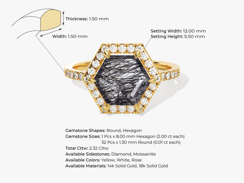 Halo Hexagon Black Rutilated Quartz Engagement Ring with Pave Set Moissanite Sidestones.