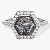 Halo Hexagon Black Rutilated Quartz Engagement Ring with Pave Set Moissanite Sidestones.
