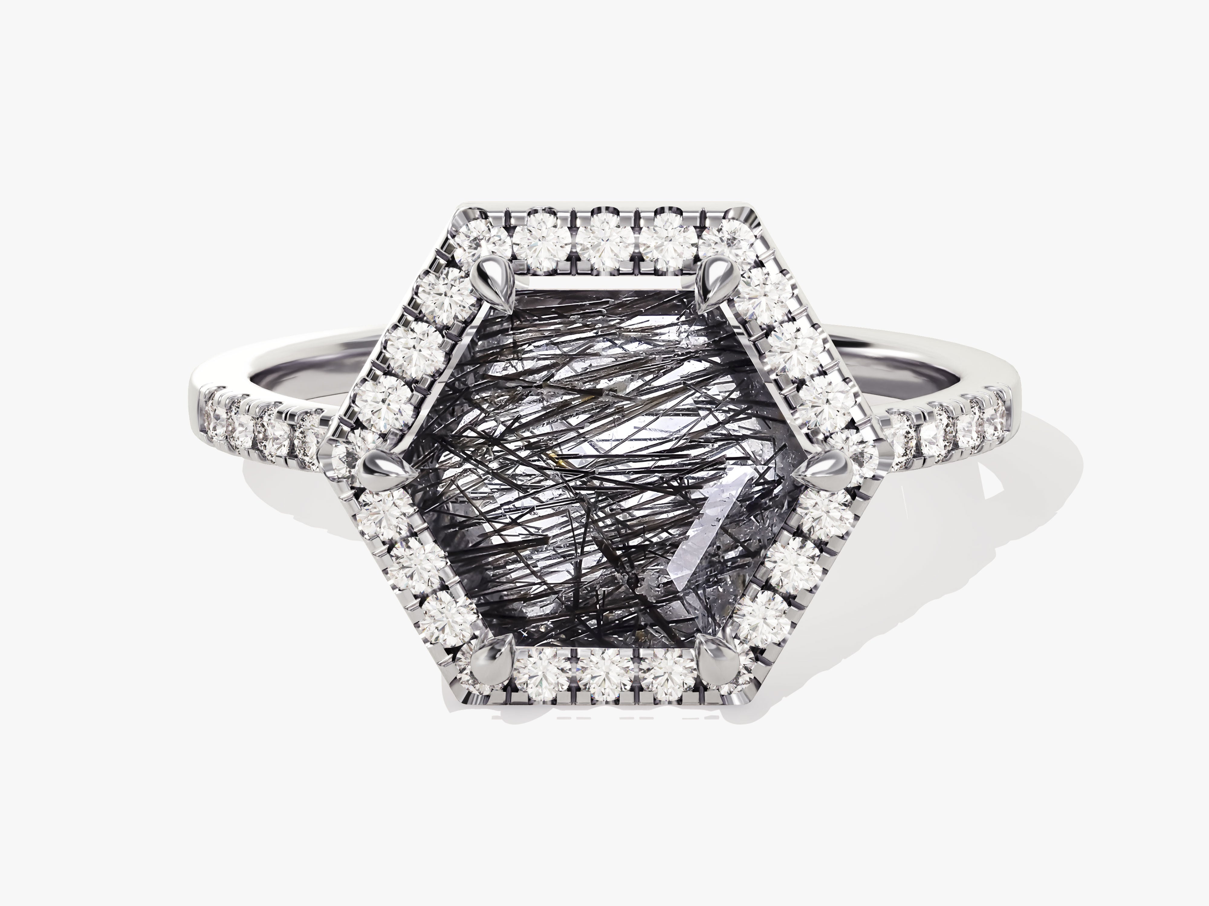 Halo Hexagon Black Rutilated Quartz Engagement Ring with Pave Set Moissanite Sidestones.
