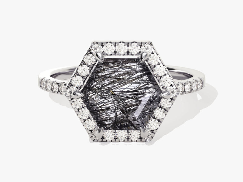 Halo Hexagon Black Rutilated Quartz Engagement Ring with Pave Set Moissanite Sidestones.