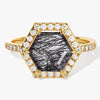Halo Hexagon Black Rutilated Quartz Engagement Ring with Pave Set Moissanite Sidestones.