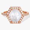 Halo Hexagon Moonstone Engagement Ring with Pave Set Moissanite Sidestones